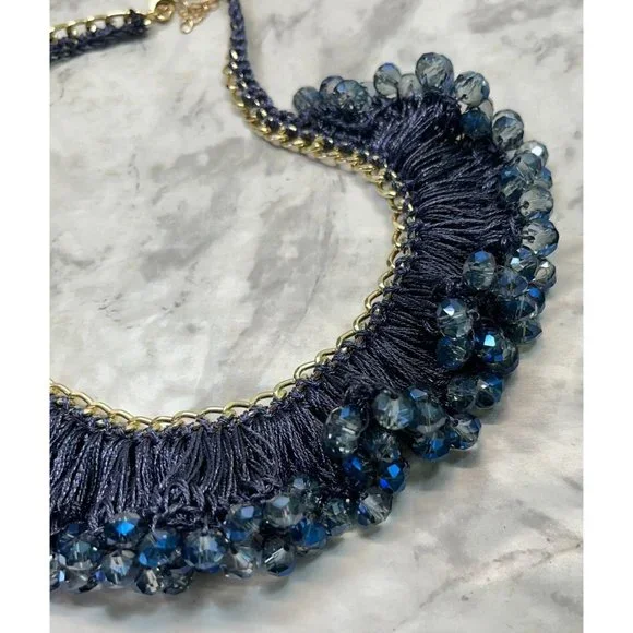 Vintage Blue Beaded Necklace Choker Crochet Bib Silver Tone 14" Long - Picture 5 of 6